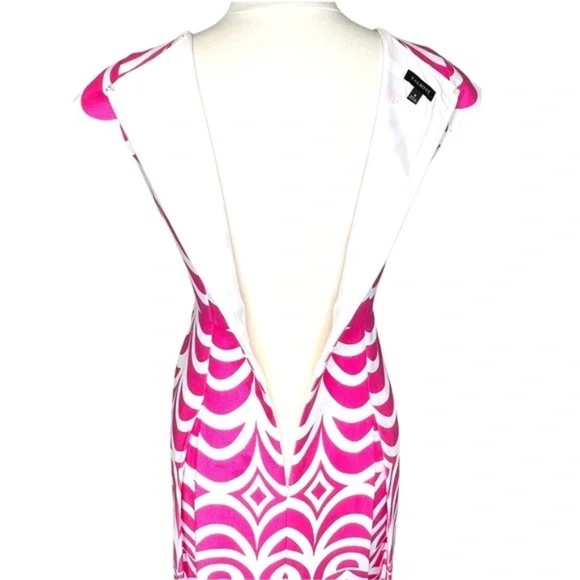 TALBOTS Geo Scallop Cap Sleeve Fit & Flare Pleated Dress Pink/White 6 - Picture 8 of 14